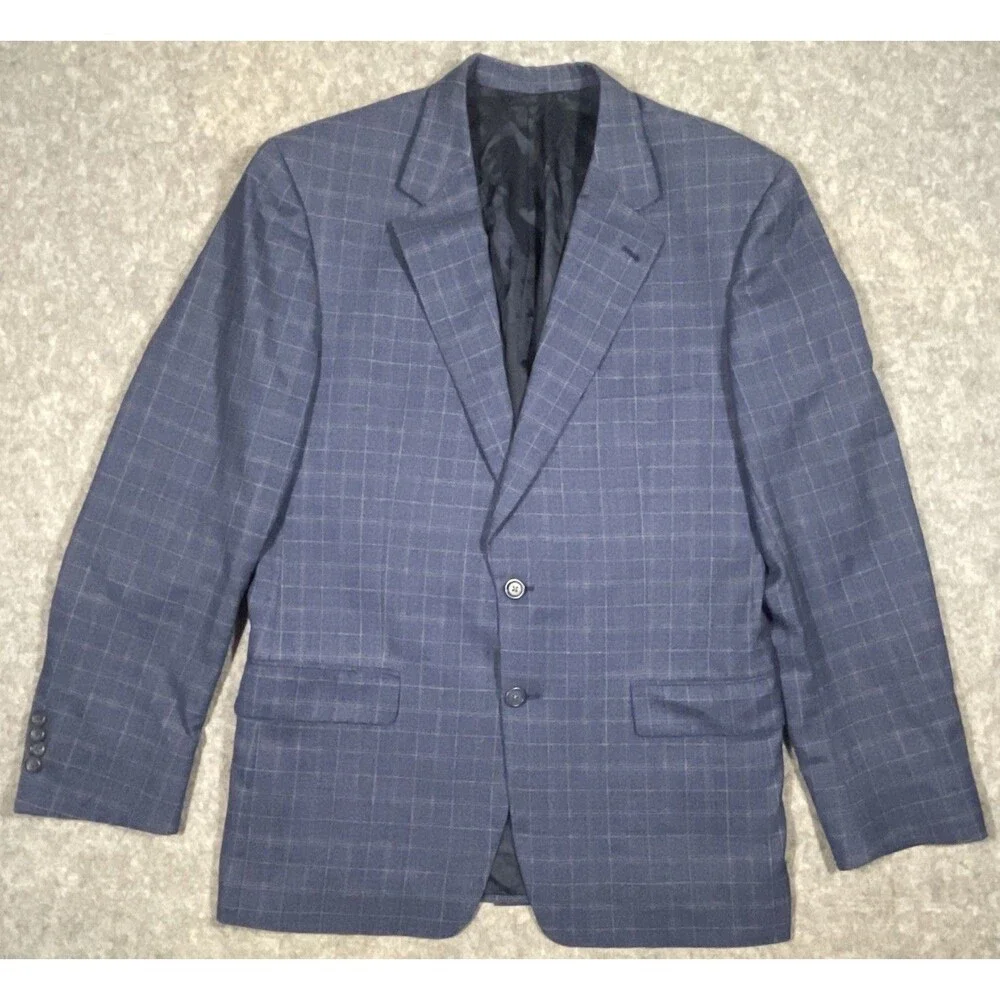 Burberry London Blue Blazer/Sports Coat 2-Button Plaid 100% Wool 42 Long